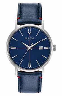BULOVA Three Hand Quartz Leather Strap Watch, 39mm