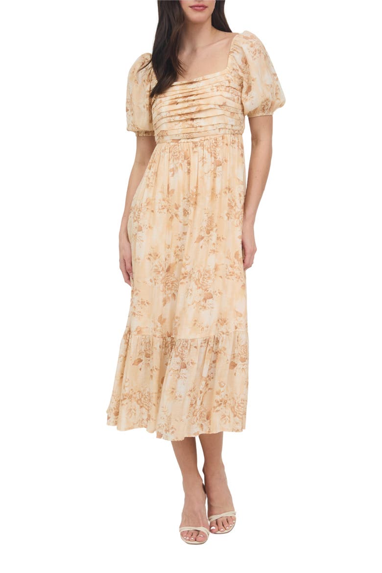 Puff Sleeve Midi Dress, Main, color, APRICOT MULTI