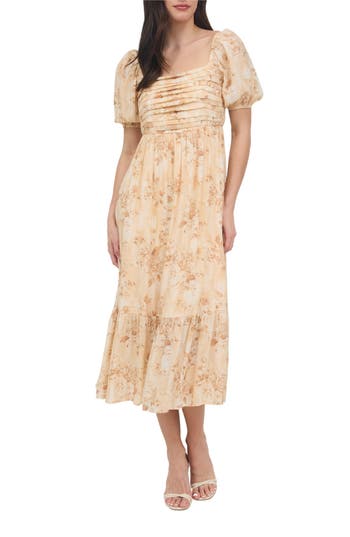 August Sky Puff Sleeve Midi Dress In Apricot Multi