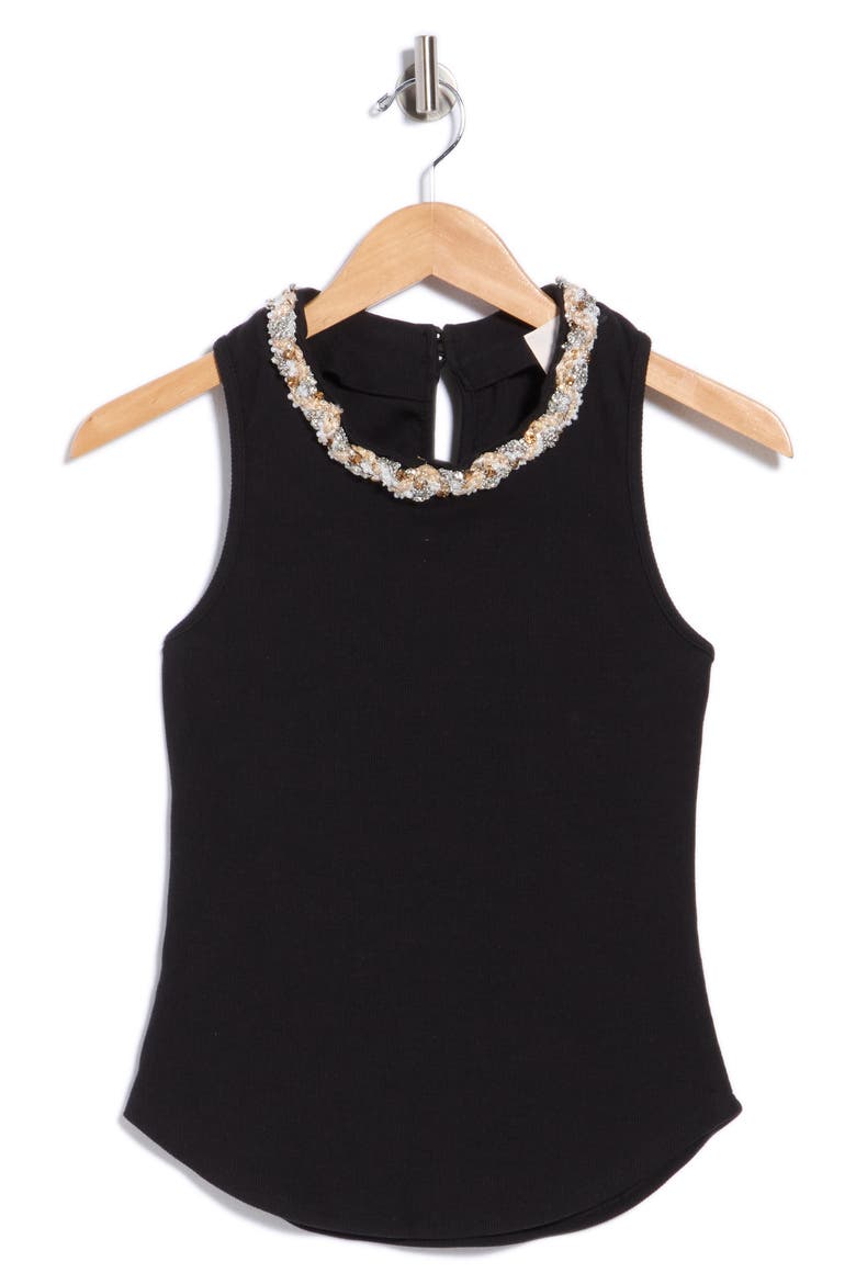Crystal Detail Stretch Cotton Tank, Main, color, BLACK