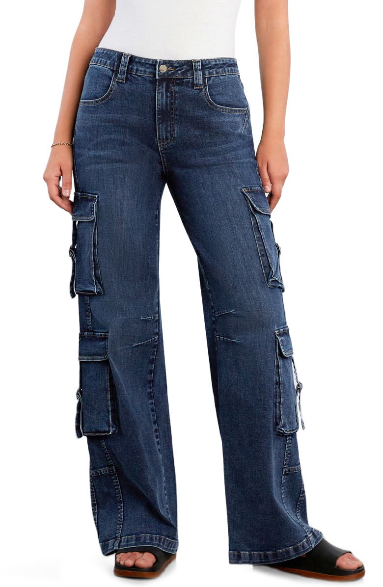 Wash Lab Denim High Waist Straight Leg Cargo Jeans, Main, color, Layered Blue