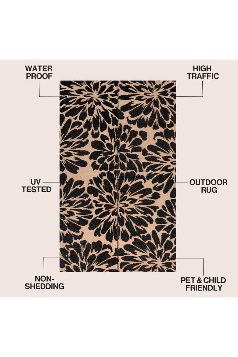 Bloom Modern Floral Foldable Waterproof Reversible Plastic Straw Outdoor Rug, Alternate, color, Black/Cream