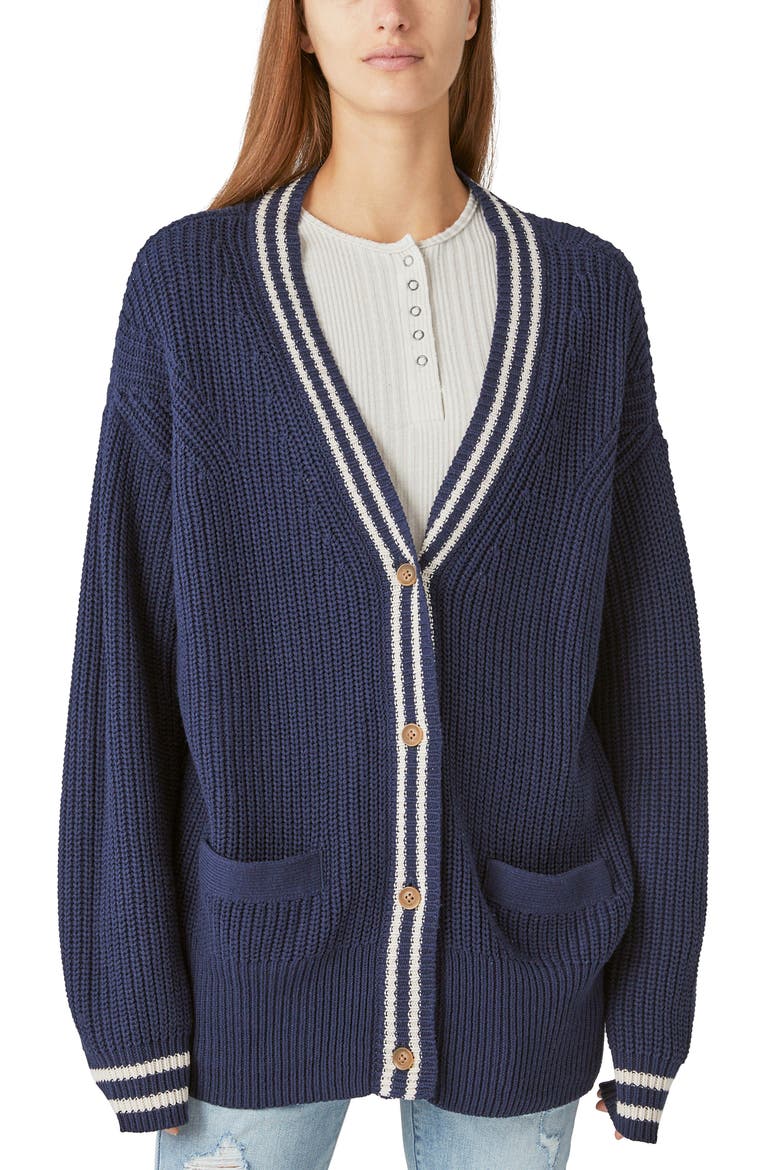 Stripe Accent Varsity Cardigan, Main, color, CADET NAVY COMBO