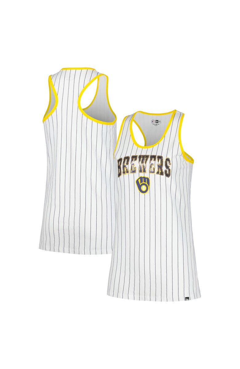 New Era Women's New Era White Milwaukee Brewers Sequin Pinstripe Racerback Tank Top, Alternate, color, 