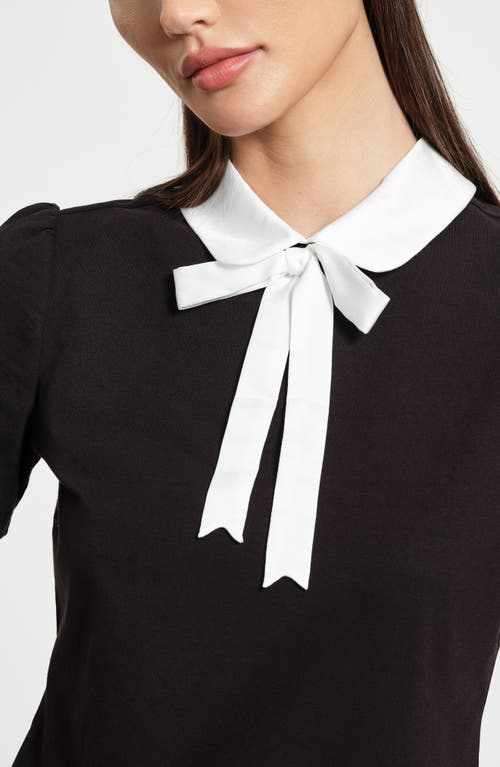 Isaac Mizrahi New York Satin Trim Peter Pan Collar Stretch Cotton T-shirt In Black