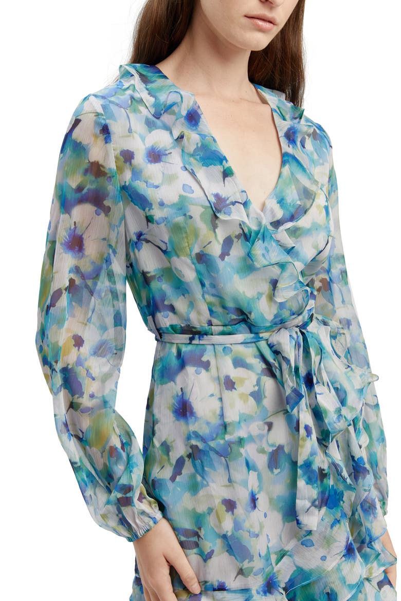 Ruffle Long Sleeve Faux Wrap Chiffon Minidress, Alternate, color, BLUE FLORAL