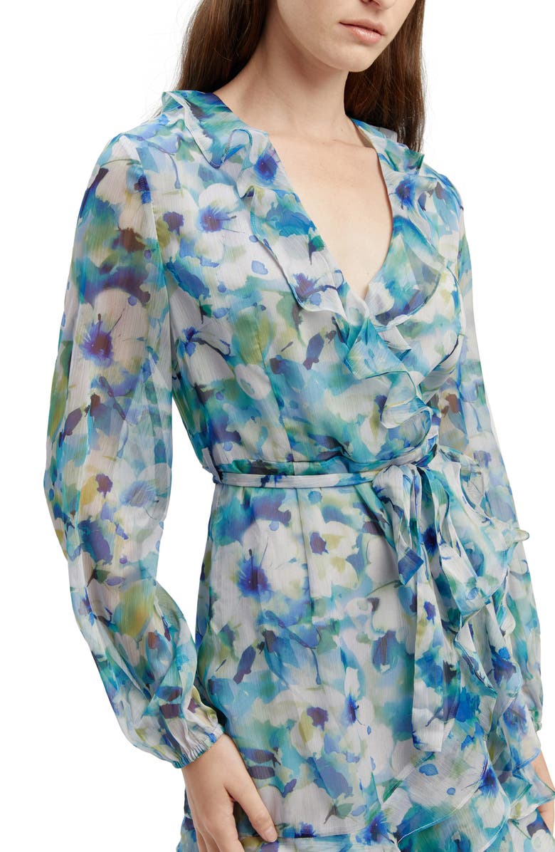 Bardot Ruffle Long Sleeve Faux Wrap Chiffon Minidress, Alternate, color, Blue Floral