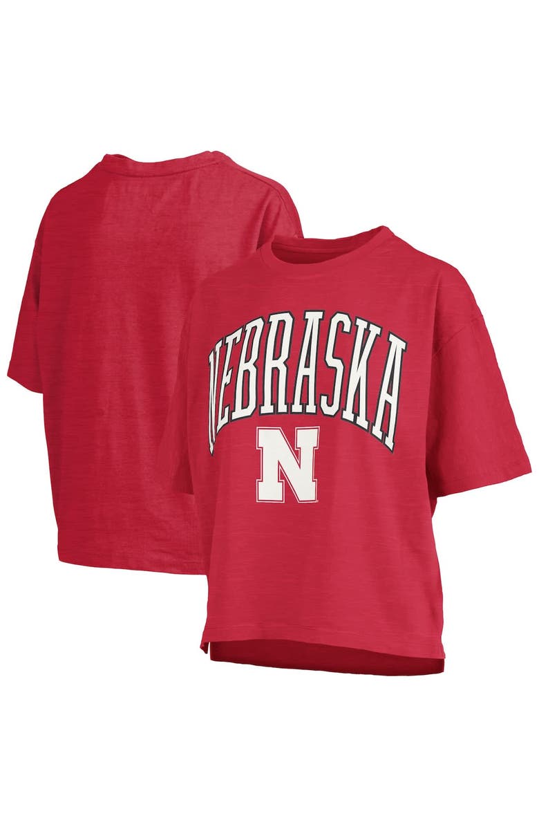 PRESSBOX Women's Pressbox Scarlet Nebraska Huskers Nelson Arch Over Logo Waist Length Oversized Slub T-Shirt, Alternate, color, 