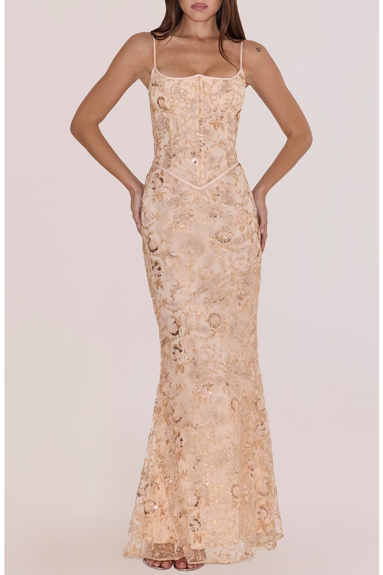 Naima Sequin & Bead Embellished Gown, Main, color, PEACH