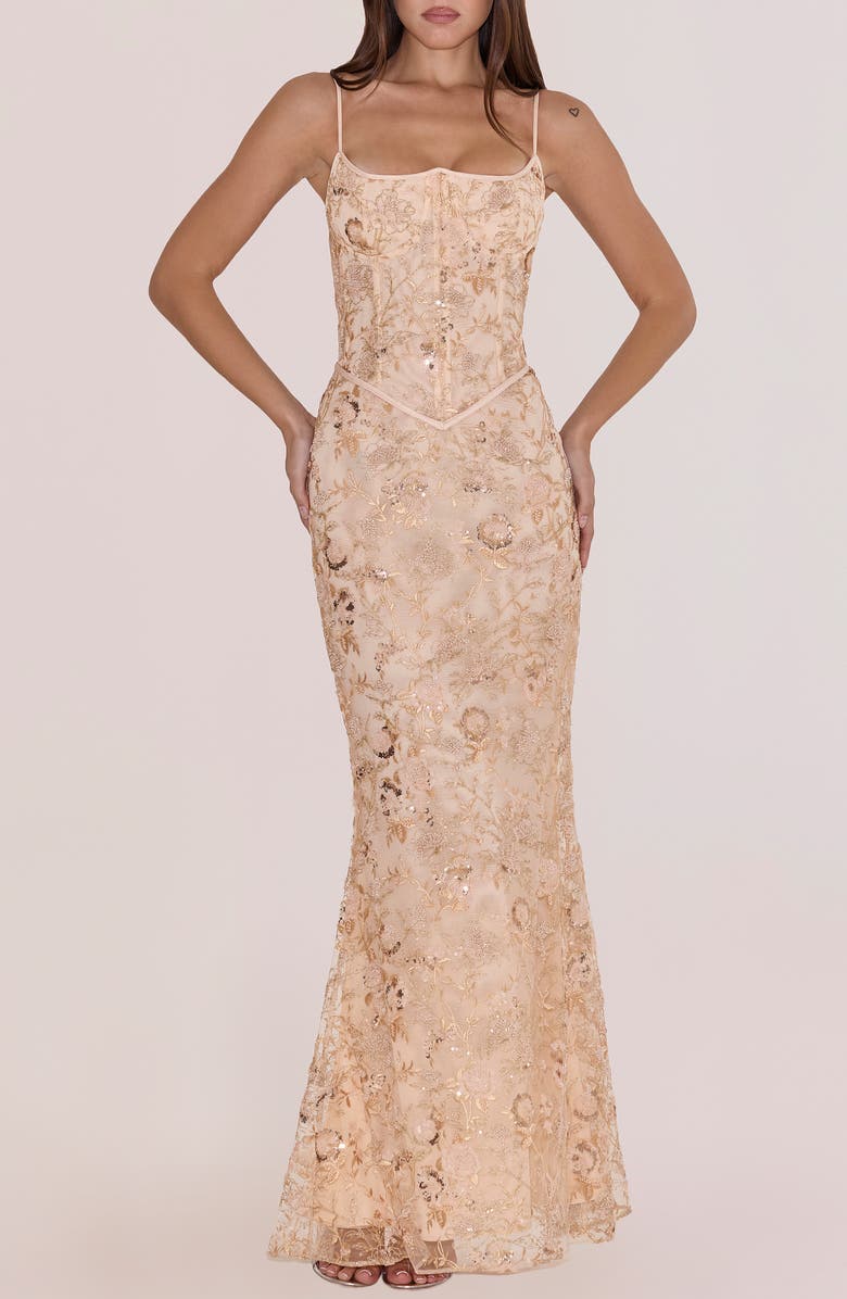 HOUSE OF CB Naima Sequin & Bead Embellished Gown, Main, color, Peach