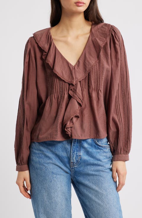 Lace Insert Ruffle Pintuck Long Sleeve Top