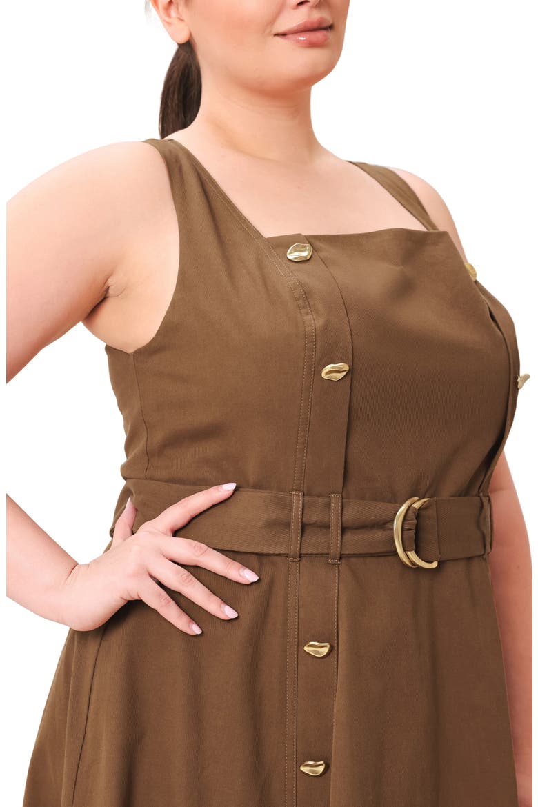 Square Neck Cotton Midi Dress with Belt, Alternate, color, BROWN