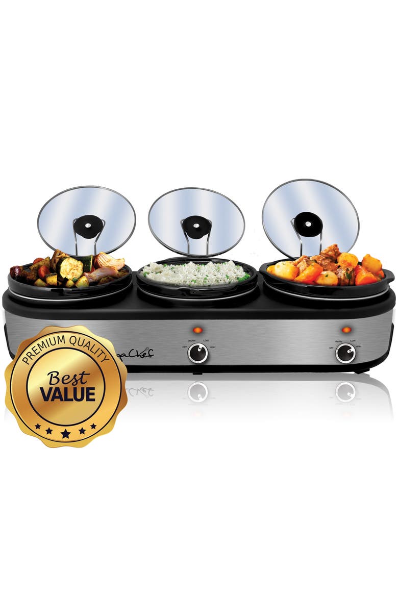 Triple 2.5 Quart Slow Cooker and Buffet Server, Alternate, color, Grey
