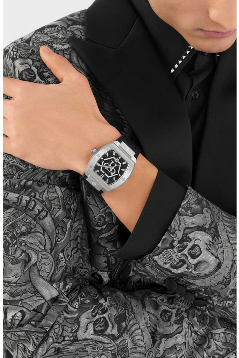 The Hexagon Phantom Silicone Strap Watch, 44mm, Alternate, color, STAINLESS STEEL