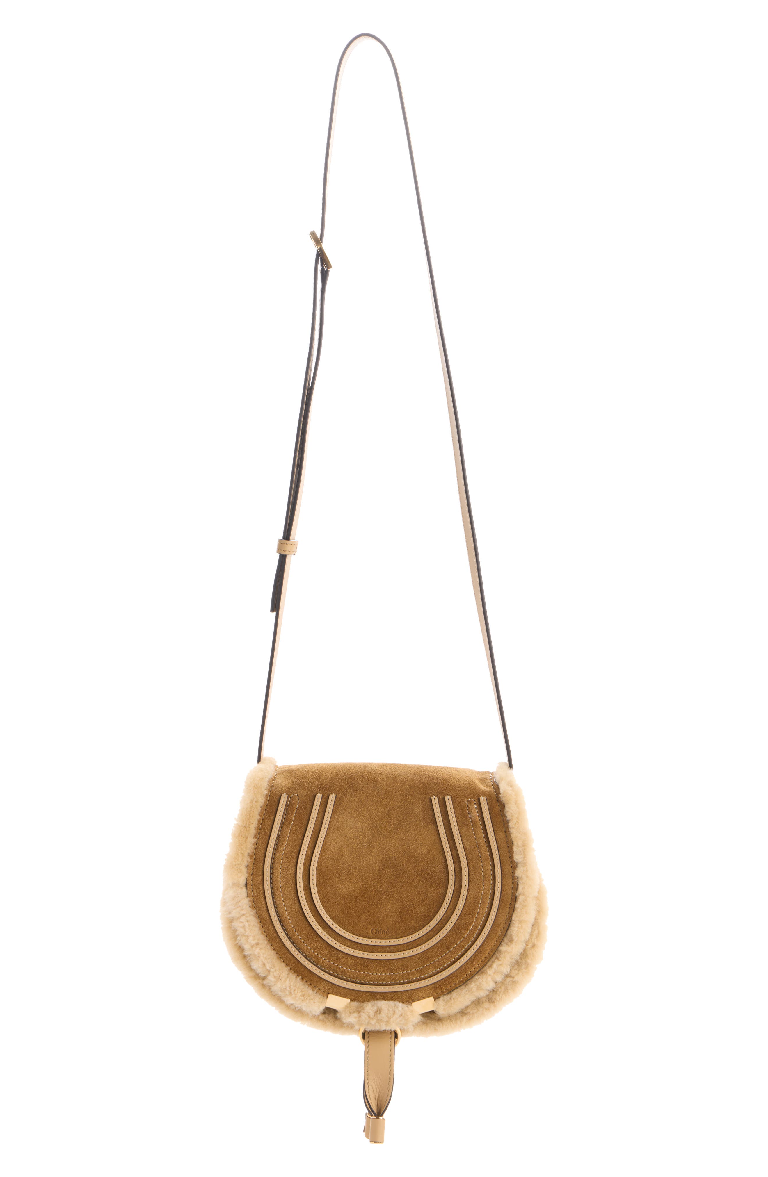 Chloé Medium Marcie Suede & Genuine Shearling Crossbody Bag, Main, color, Summery Beige
