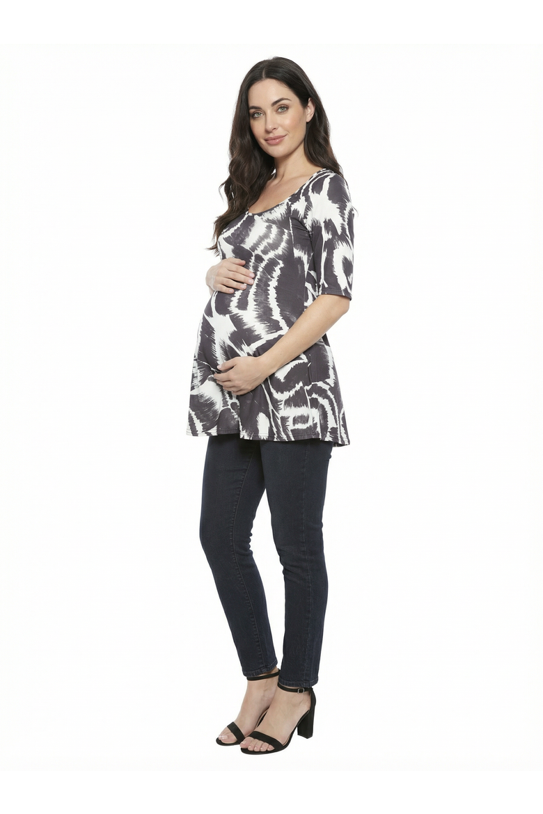 Maternity Abstract Scoop Neck Elbow Sleeve Tunic Top, Alternate, color, Black Multi