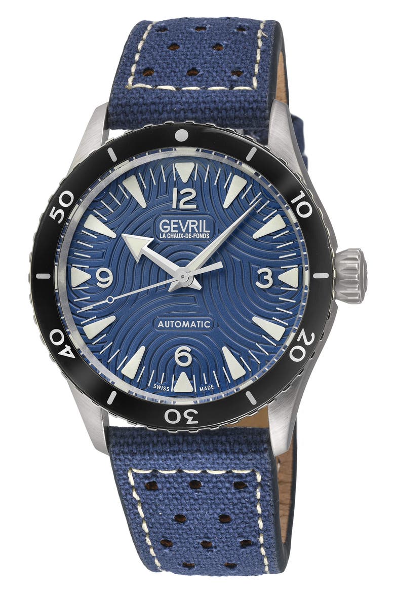 Franklin Automatic Leather & Canvas Strap Watch, 40mm, Main, color, BLUE