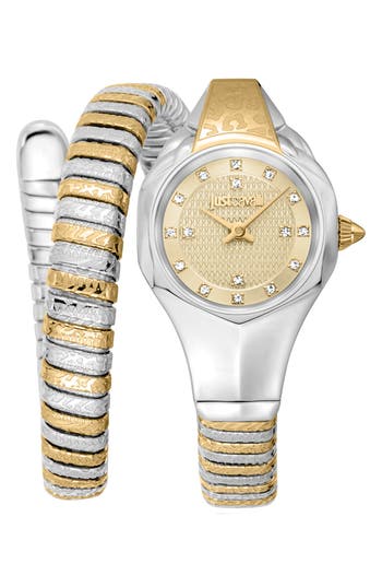 Just Cavalli Snake Wraparound Bracelet Watch, 22mm X 35mm In Gold
