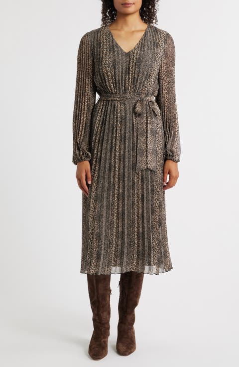 Animal Pleated Long Sleeve Midi Dress