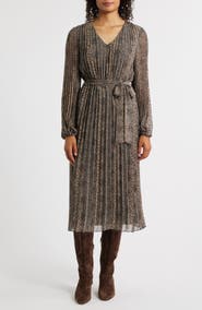 Sam Edelman Animal Pleated Long Sleeve Midi Dress