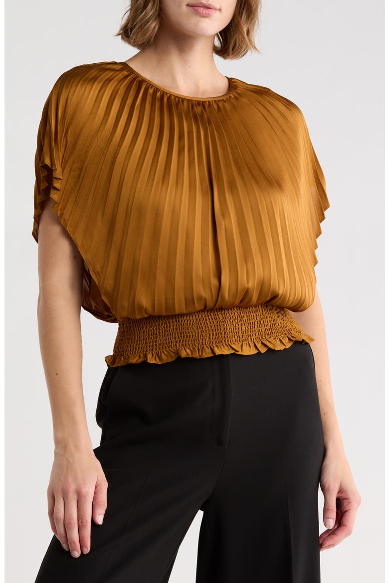 Pleated Smocked Waist Top, Main, color, BROWN MUSTARD