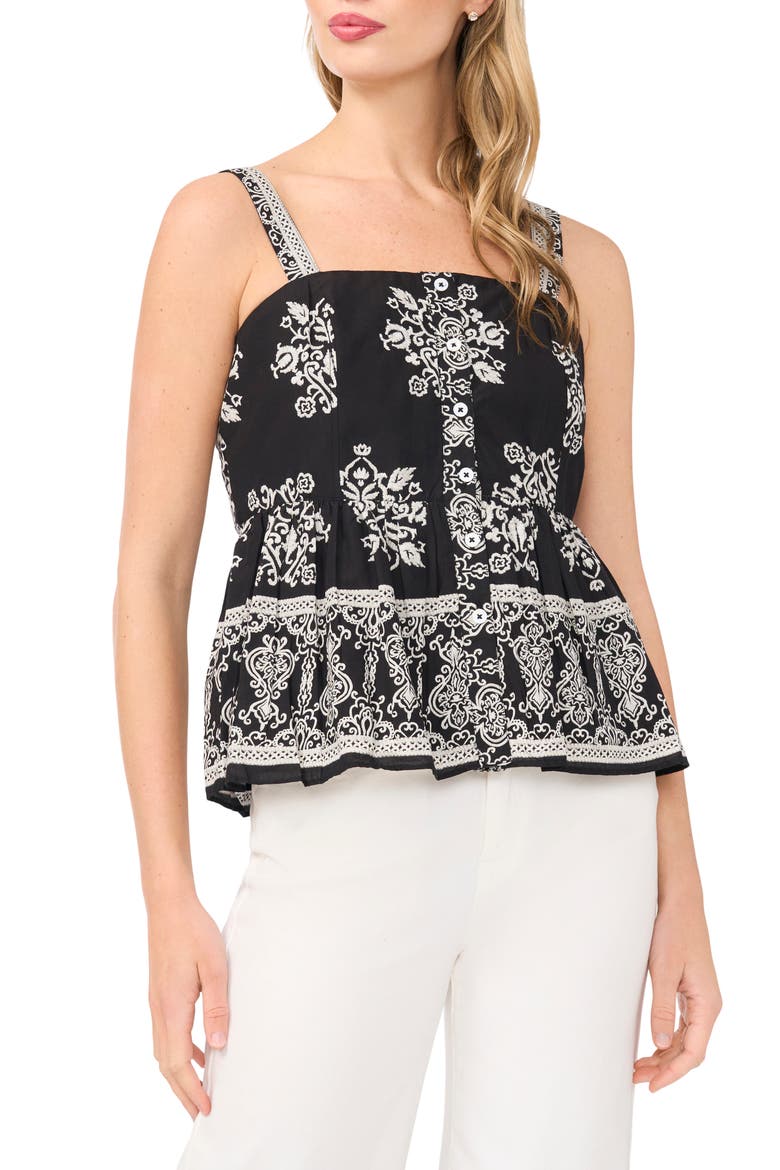 Print Ruffle Hem Sleeveless Top, Main, color, RICH BLACK