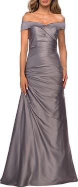 La Femme Off the Shoulder Satin Evening Dress with Pleating