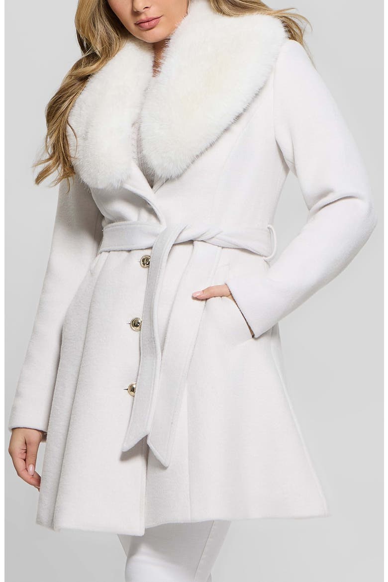 Eve Belted Coat & Removable Faux Fur Collar, Main, color, WHITE