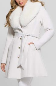 GUESS Eve Belted Coat & Removable Faux Fur Collar