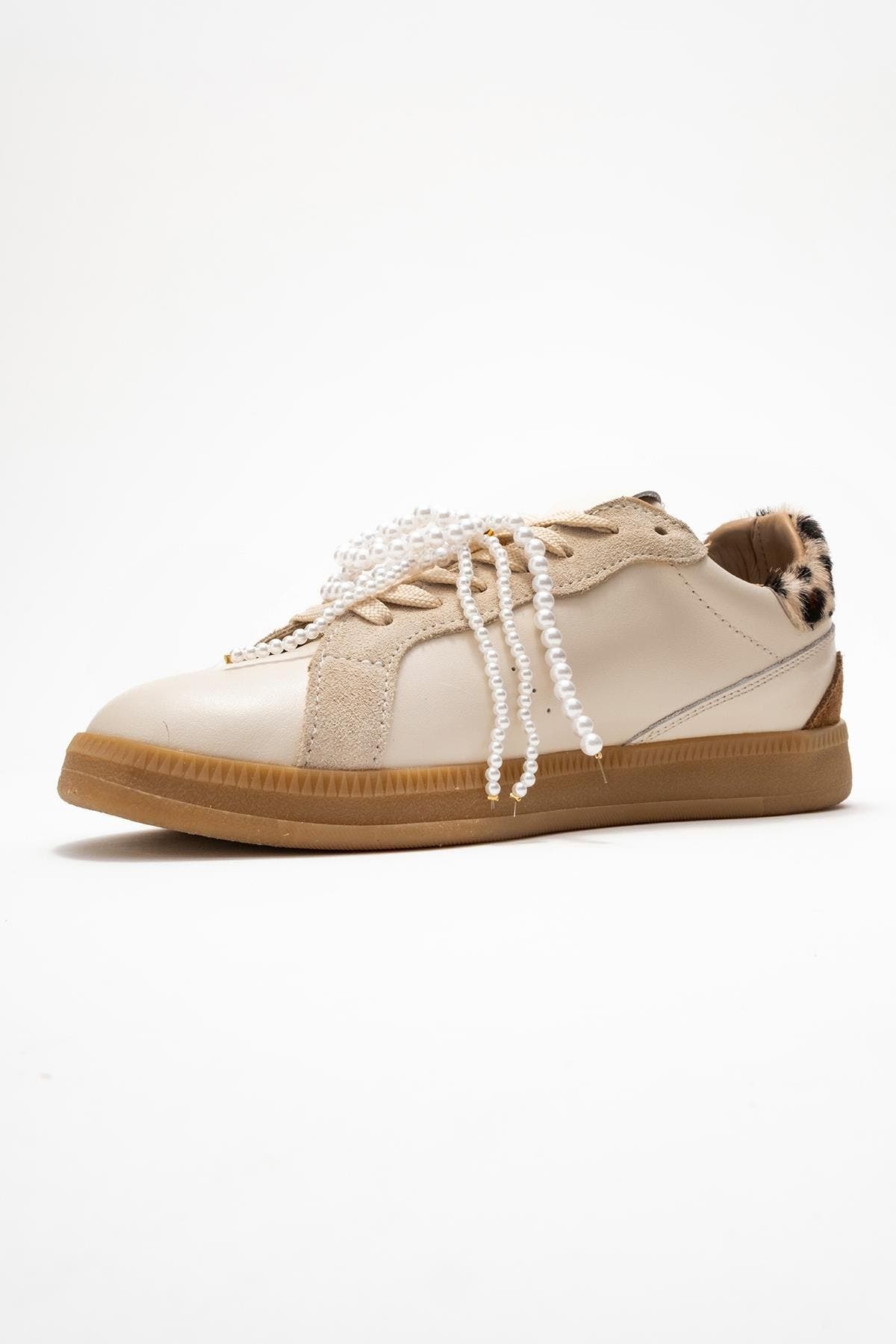 Taren Leather Pearl Buckle Sneakers, Alternate, color, Beige Leather