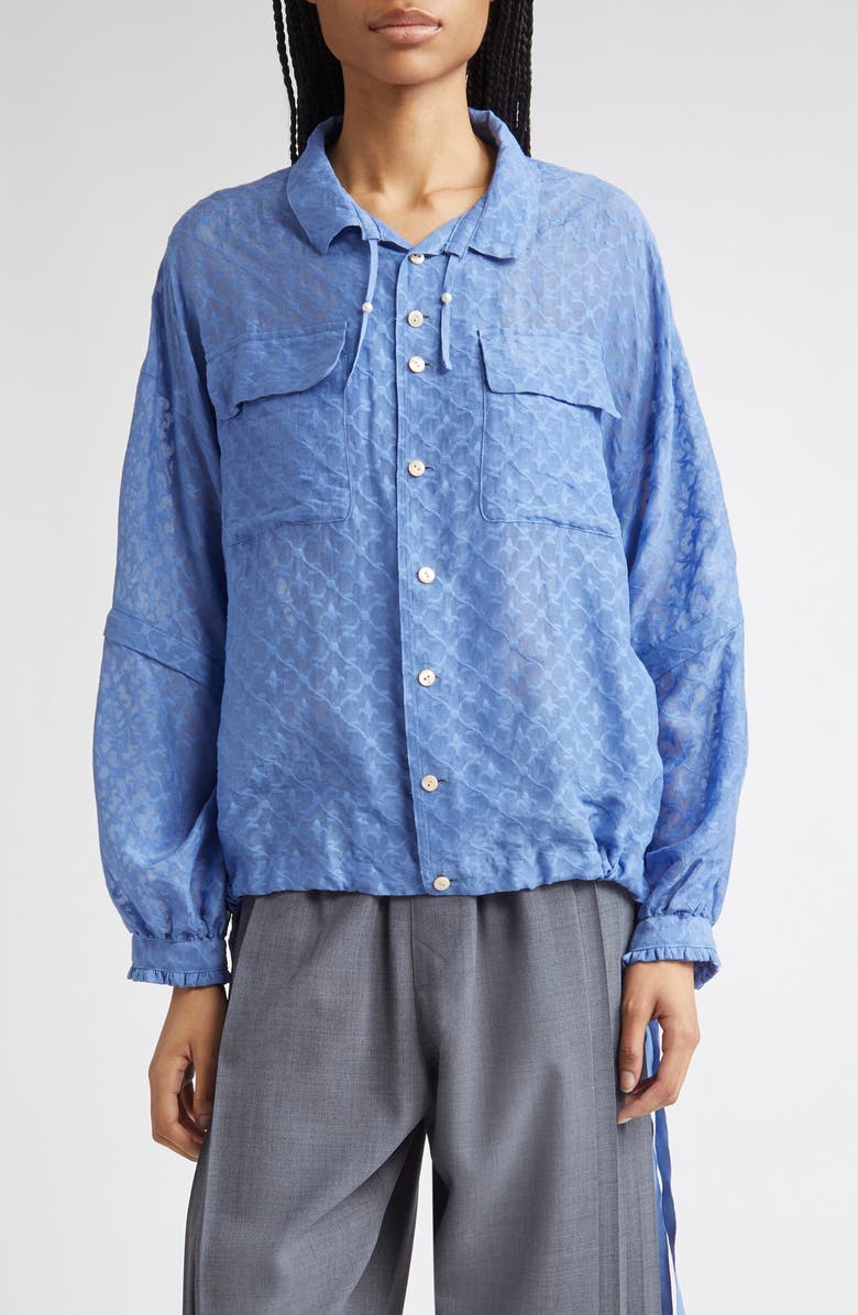 Undercover Fleur-de-Lis Jacquard Cotton & Silk Zip Off Sleeve Button-Up Shirt, Main, color,