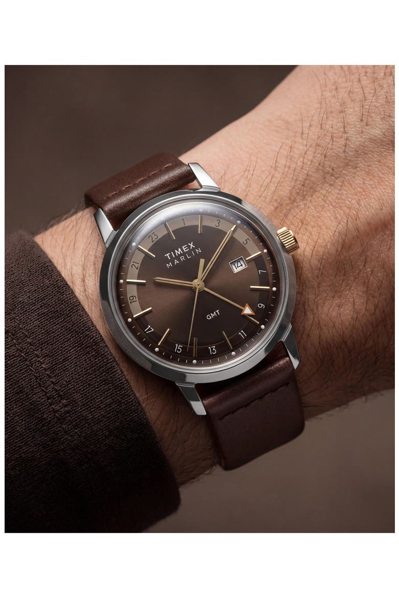 Marlin GMT Leather Strap Watch, 40mm, Alternate, color, BROWN
