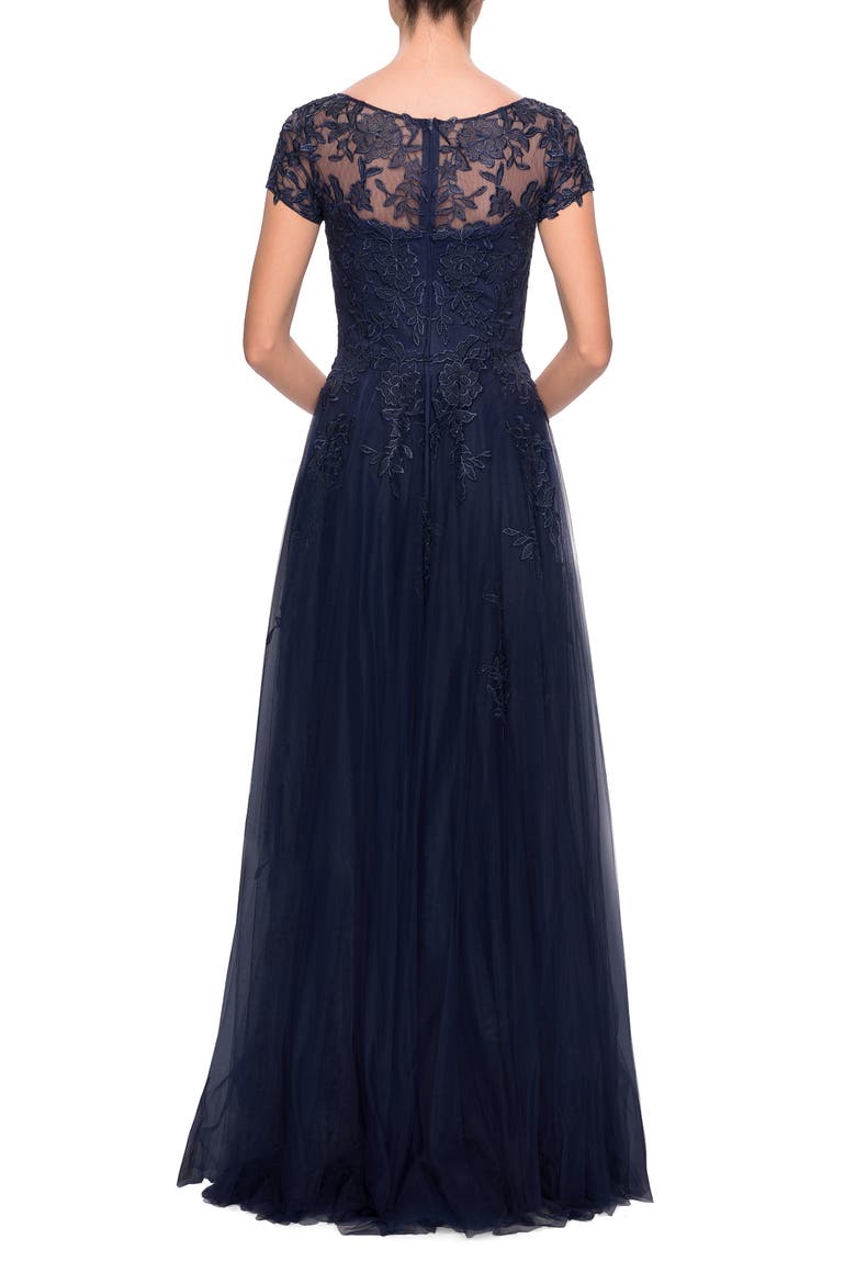 Embroidered Lace Illusion Yoke A-Line Gown, Alternate, color, NAVY