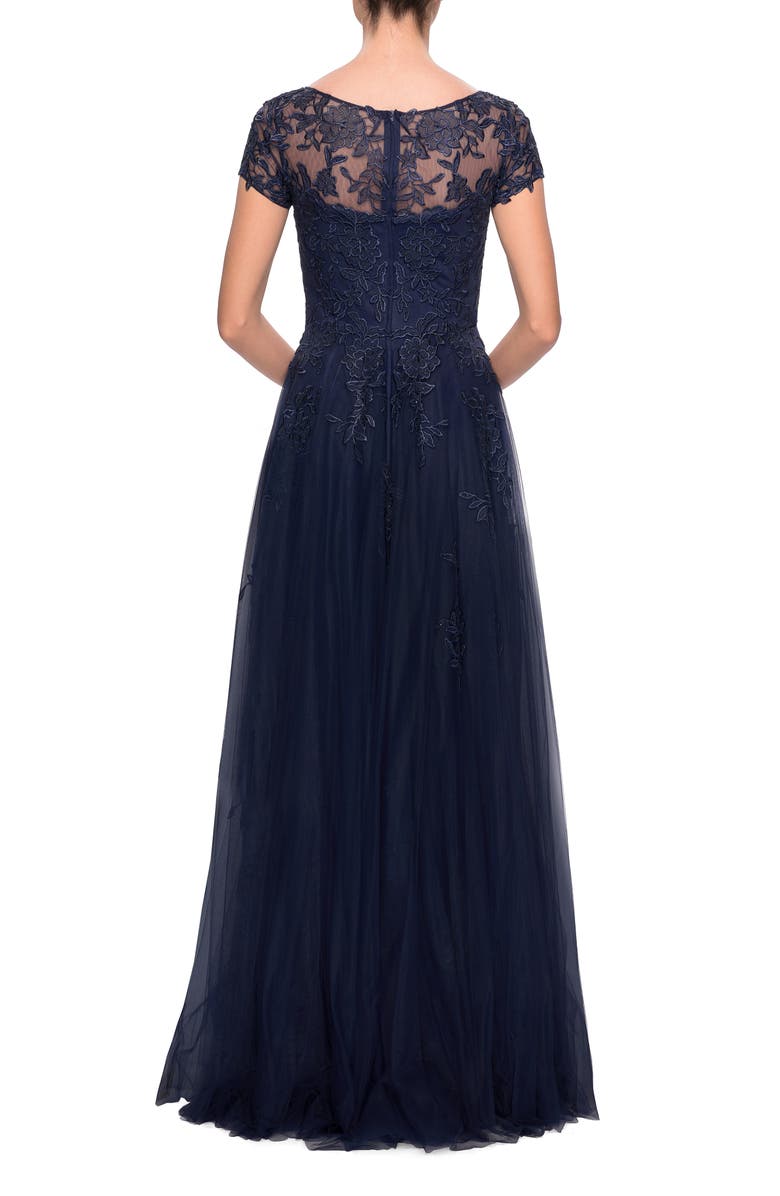 La Femme Embroidered Lace Illusion Yoke A-Line Gown, Alternate, color, 