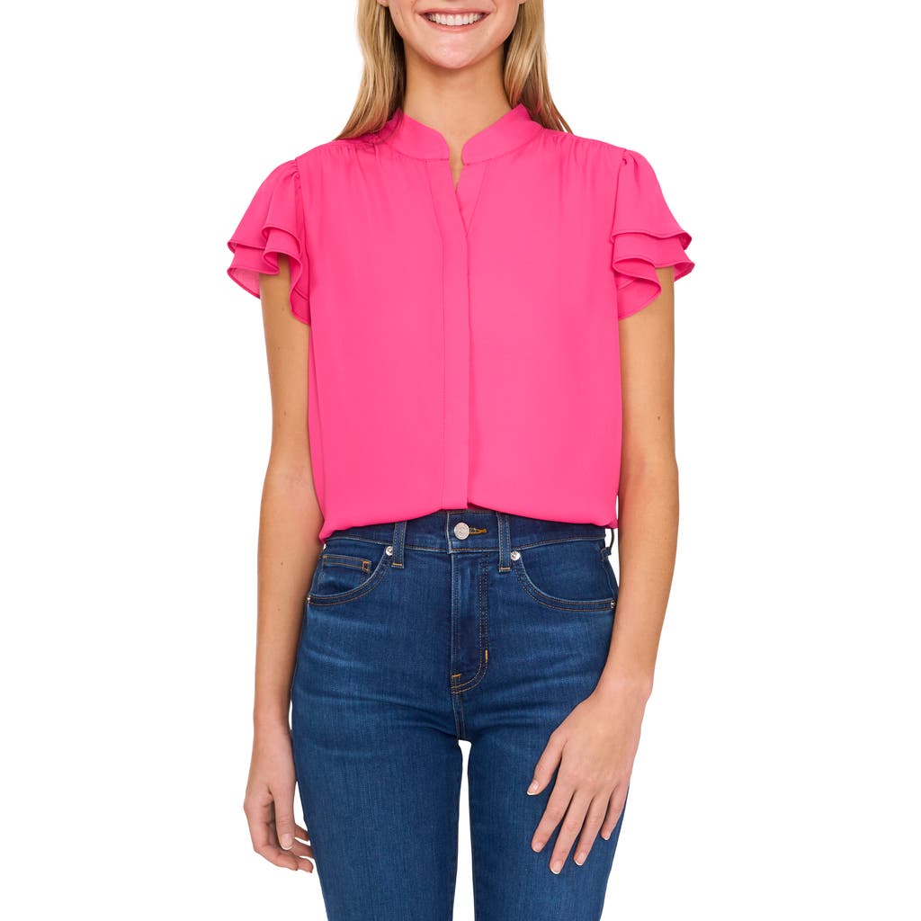 Cece Double Flutter Short Sleeve Top In Bright Rose