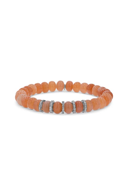 Peach Moonstone 8MM Bead Bracelet With 5 Diamond Rondelles