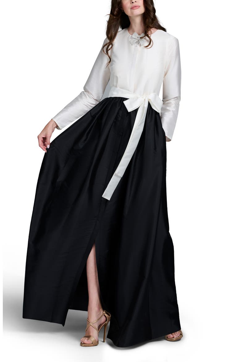 Princess Long Sleeve Taffeta Gown, Alternate, color, IVORY/ BLACK
