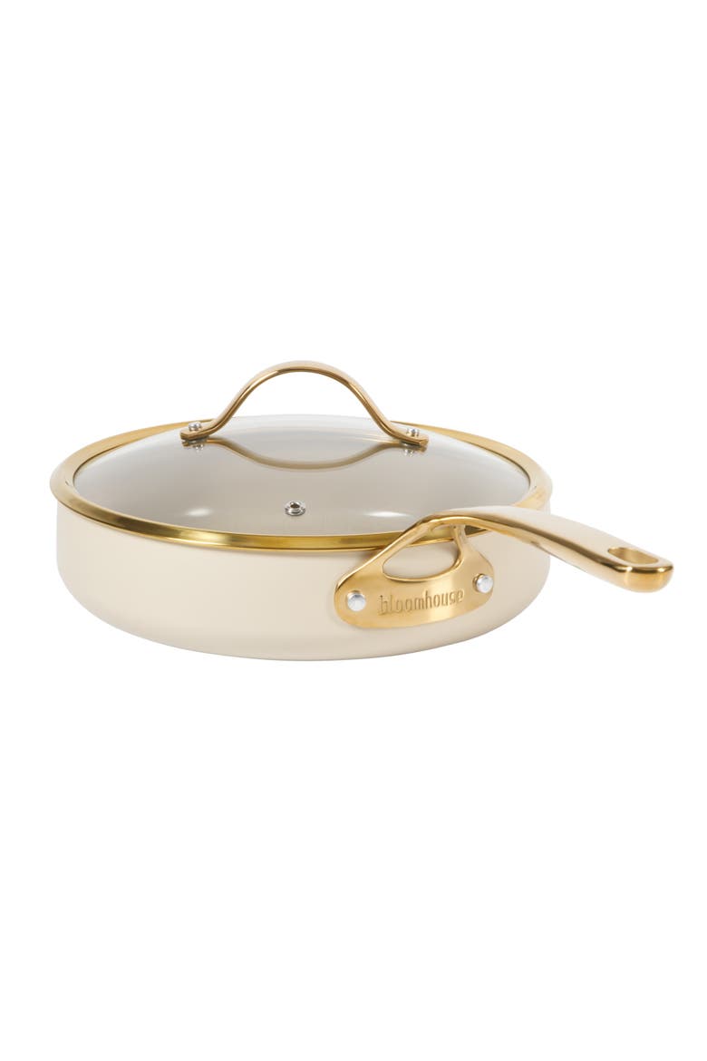 10 Inch Heavy Duty Aluminum Premium PFA Free Ceramic Nonstick Saute/Deep Frying Pan Skillet with Lid, Alternate, color, Linen White with Gold Handle