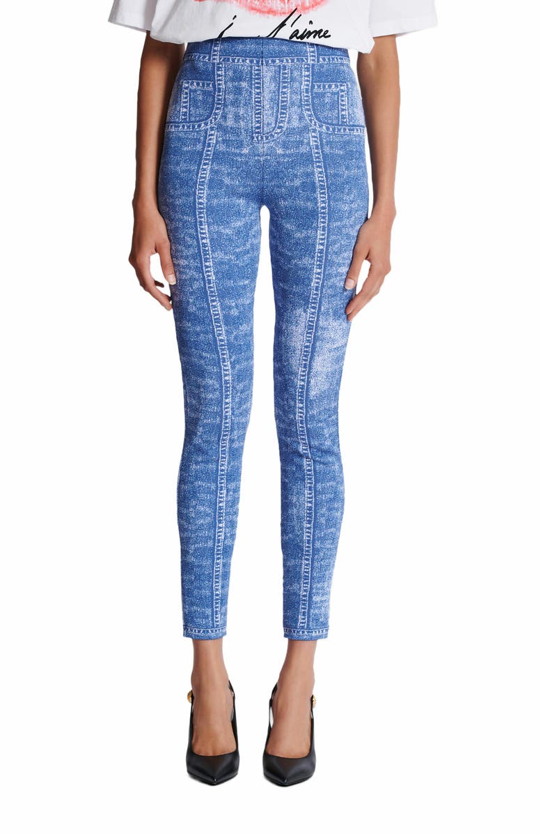 Balmain Jacquard Knit Leggings With Denim Effect, Alternate, color, Blue