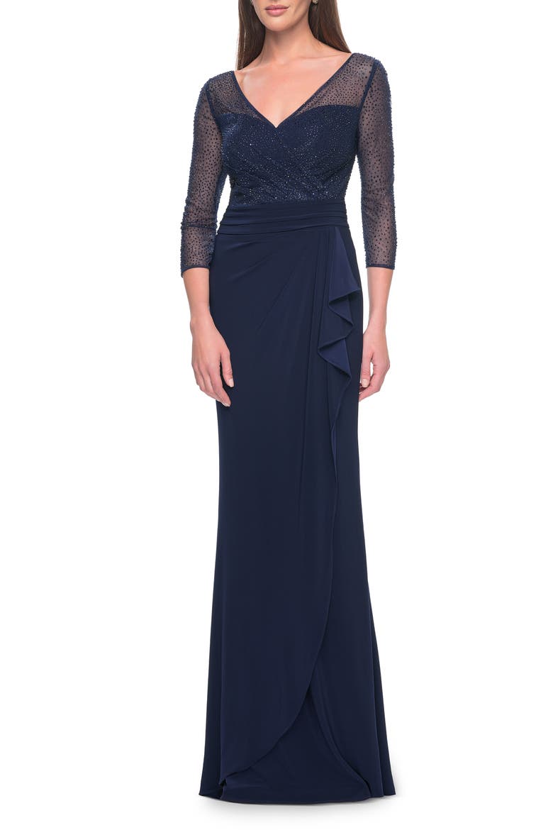 Evening Gown with Illusion Rhinestone Sleeves, Main, color, Navy