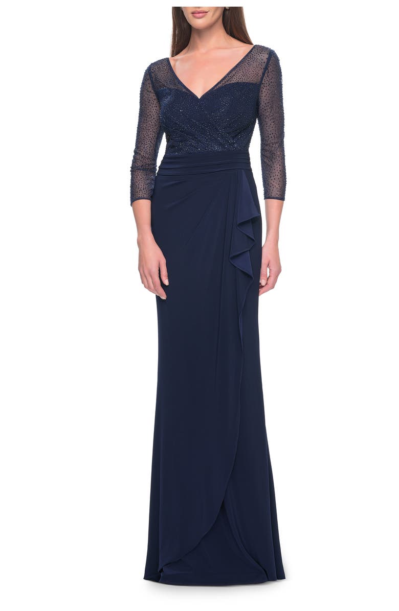 La Femme Evening Gown with Illusion Rhinestone Sleeves, Main, color, Navy
