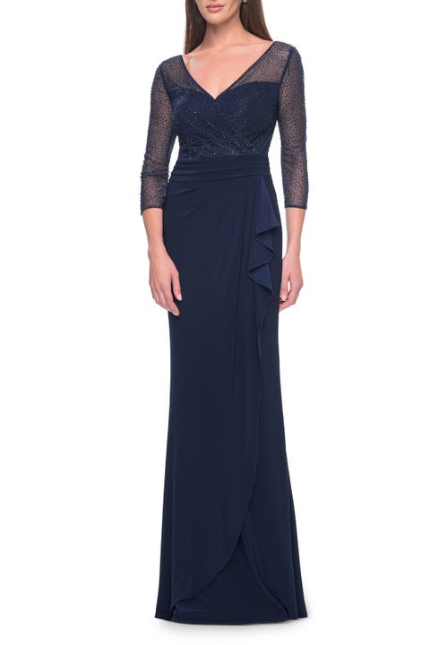 Evening Gown with Illusion Rhinestone Sleeves