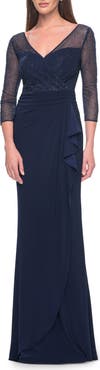 La Femme Evening Gown with Illusion Rhinestone Sleeves