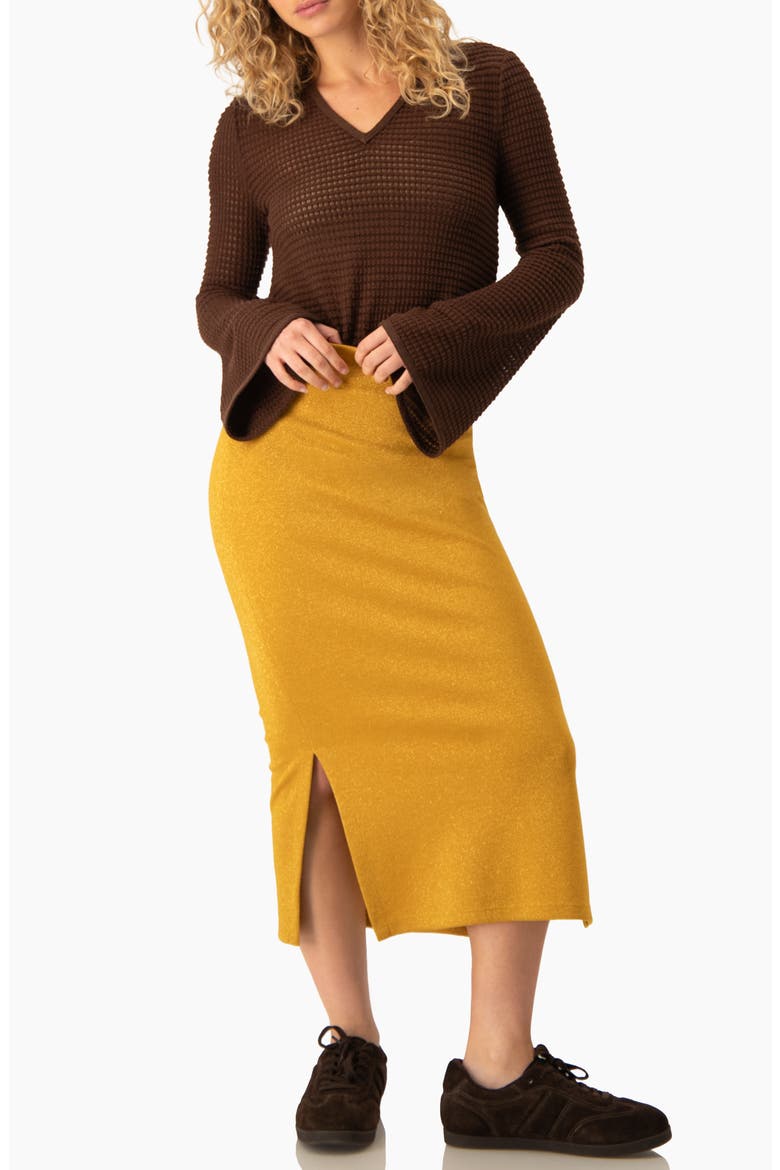 Shimmer Knit High-Rise Fitted Midi Skirt, Alternate, color, Mustard