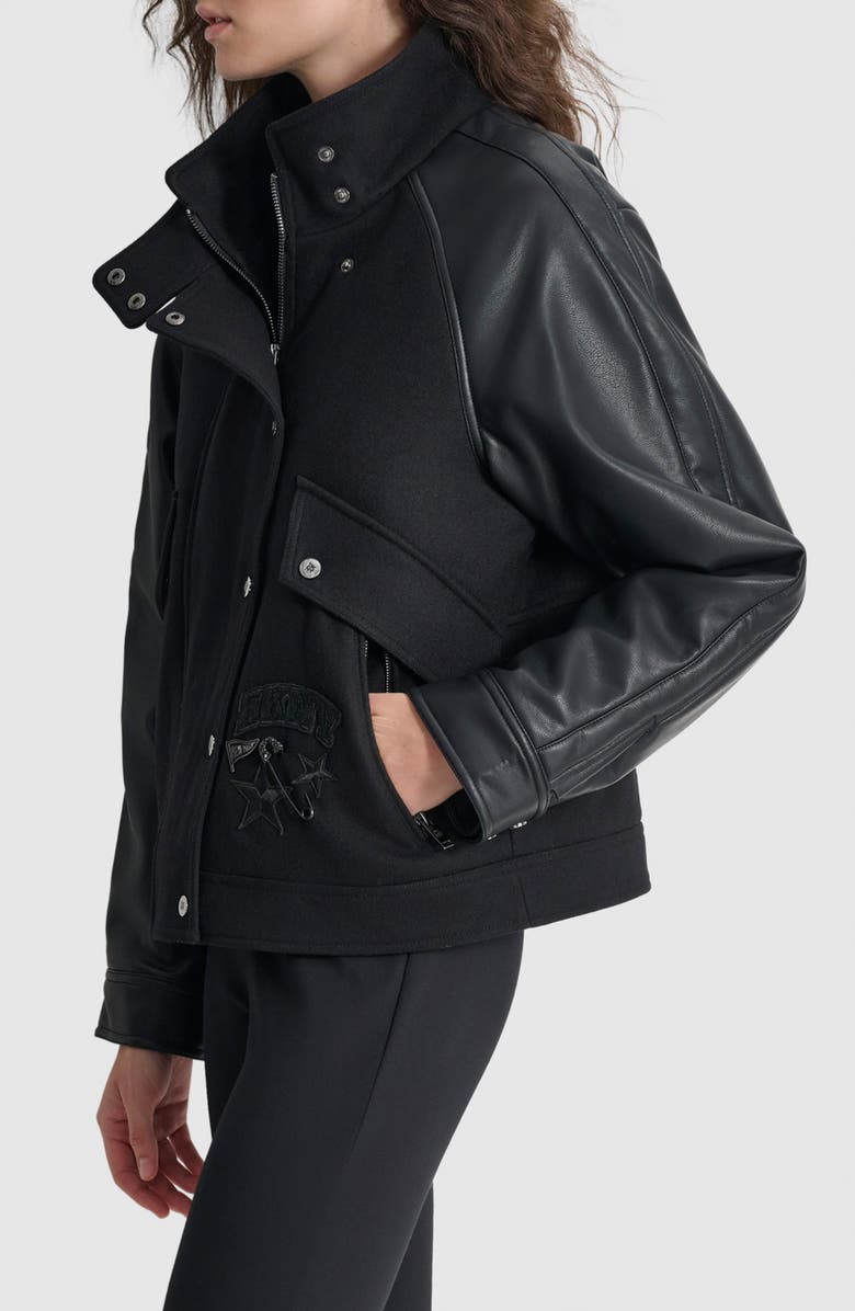 DKNY Logo Patch Mixed Media Wool Blend Bomber Jacket, Alternate, color, 