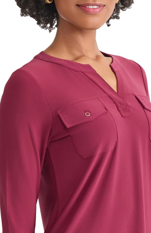 Jones New York Patch Pocket Crepe Popover Top In Burgundy