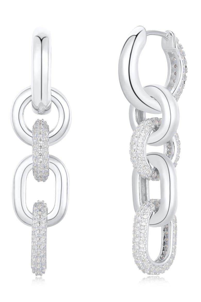 Pavé Cubic Zirconia Chain Drop Huggie Hoop Earrings, Alternate, color, SILVER