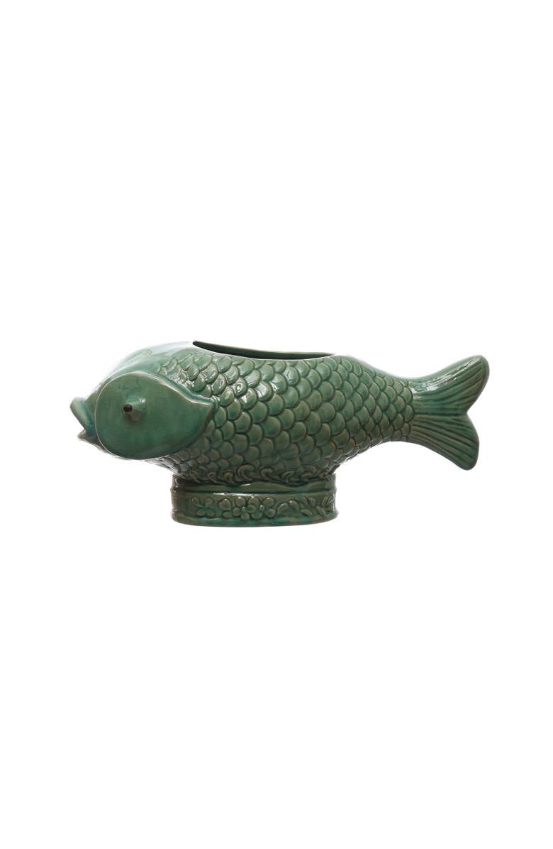 Storied Home Debossed Stoneware Fish Planter with Reactive Glaze, Turquoise, Main, color, Blue