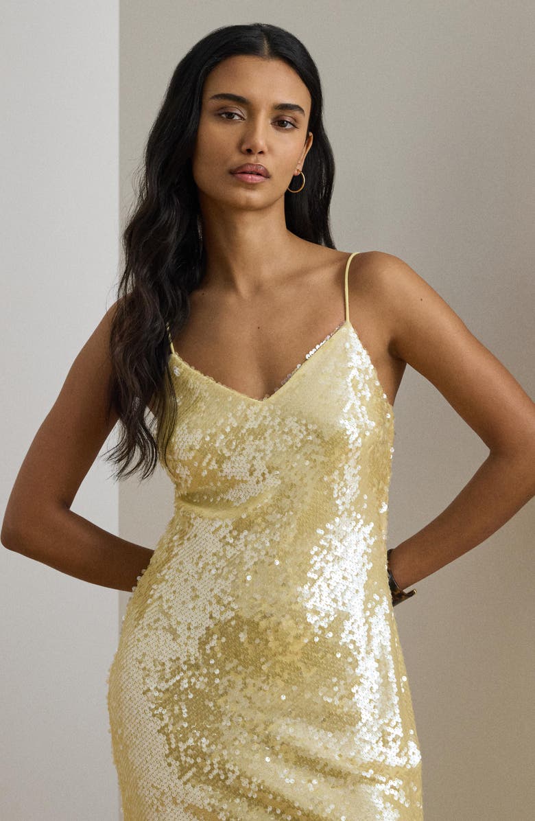 Lauren Ralph Lauren Opaline Luxe Sequin Cocktail Slipdress, Alternate, color, Lemon Sorbet Yellow