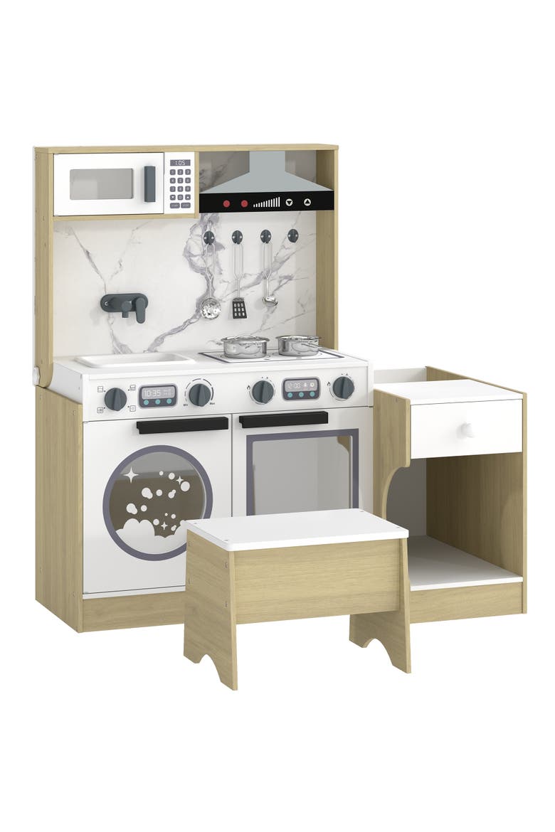 2-in-1 Kids Play Kitchen Set with Table and Chair, Sink, Oven, Cookware, Ages 3-8, Main, color, Natural wood finish